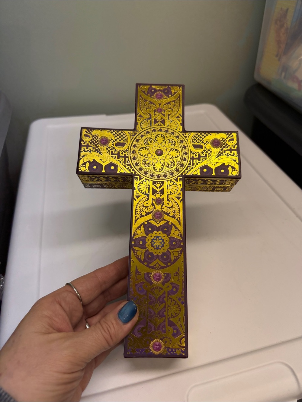 Decorative Purple and Gold Ornate Cross Box